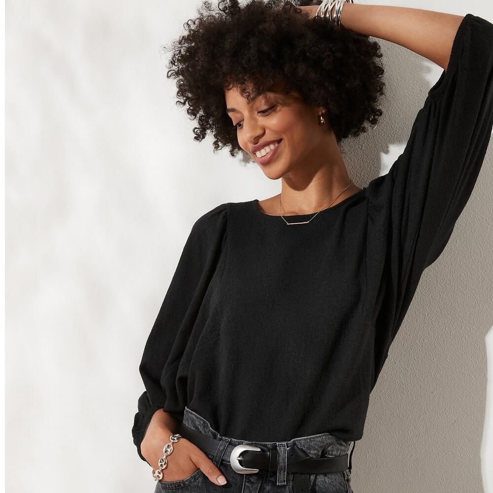 Banana Republic Womens Textured Puff Sleeve Top Size M Gray Minimalist Classic